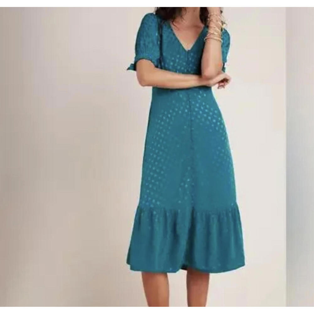 MAEVE ANTHROPOLOGIE emerald green satin short sleeve midi dress sz 2